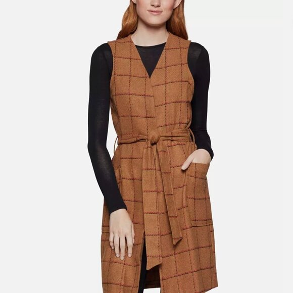 BCBGeneration Carmel Plaid Long Faux-Wool Tie Vest Shacket Women’s Size Small - Picture 1 of 10